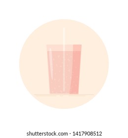 Vector icon of soda pop, sparkling water in a glass with straw. No stroke flat icon, isolated in circle. Pink colors.