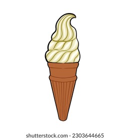 Vector icon Soft ice cream waffle cone. Soft serve ice cream, American sundae swirl in wafer cone or machine vanilla ice cream. Fast food frozen dessert