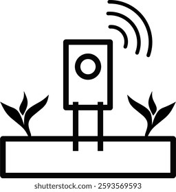 Vector icon of a soil sensor used in agriculture and farming technology. This digital device monitors moisture, climate, and irrigation with precision for smart farming. Black color isolated on white