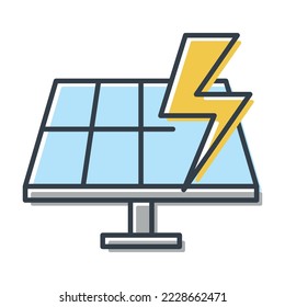 Vector icon of solar battery and lightning sign.  Alternative energy source and environmental conservation.