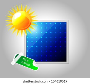 Vector icon of solar panel. Isolation over white background. Sun and sticker.