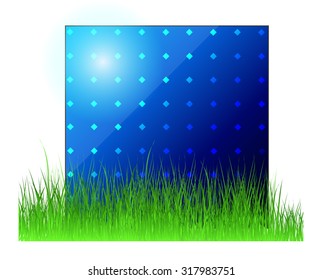 Vector icon of solar panel. Isolation over white background. Green grass with white flowers.