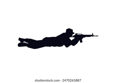 Vector icon of soldier shooting silhouette image on white background.
