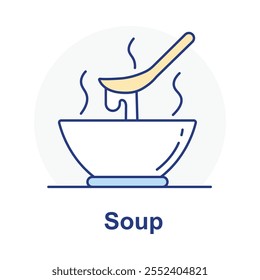 Vector icon for soup. Features a steaming bowl with a ladle, symbolizing a warm and hearty dish served in restaurants.