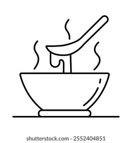 Vector icon for soup. Features a steaming bowl with a ladle, symbolizing a warm and hearty dish served in restaurants.