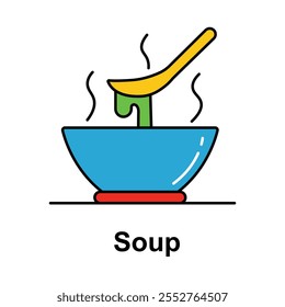 Vector icon for soup. Features a steaming bowl with a ladle, symbolizing a warm and hearty dish served in restaurants.