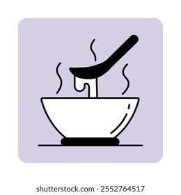 Vector icon for soup. Features a steaming bowl with a ladle, symbolizing a warm and hearty dish served in restaurants.