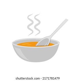 Vector icon soup on plate with spoon on white isolated background. 