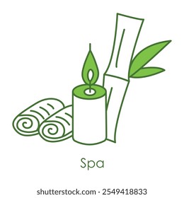 Icono de Vector para lo esencial del spa y la tranquilidad. Incluye Elementos de spa como velas, bambú y toallas enrolladas para la relajación y el rejuvenecimiento.