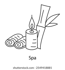 Icono de Vector para lo esencial del spa y la tranquilidad. Incluye Elementos de spa como velas, bambú y toallas enrolladas para la relajación y el rejuvenecimiento.