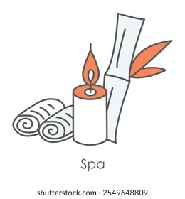 Icono de Vector para lo esencial del spa y la tranquilidad. Incluye Elementos de spa como velas, bambú y toallas enrolladas para la relajación y el rejuvenecimiento.