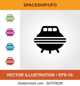 Vector Icon Of Spaceship or UFO With Title & Small Multicolored Icons. Eps-10.