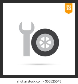 Vector icon of spanner and single car wheel