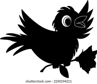 Vector icon of a sparrow with a flower. Vector black flying bird with flower