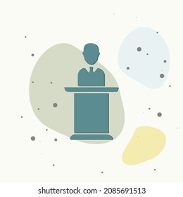 Icono del vector en el podio. Difusión política desde el podio sobre fondo multicolor. Capas agrupadas para una ilustración de edición sencilla. Por tu diseño.