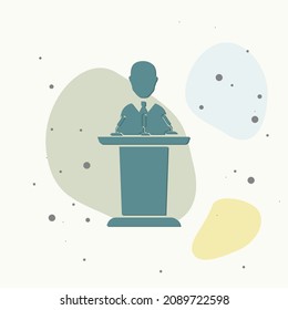 Vector icon speaker on the podium. Politician broadcasting from the podium on multicolored background. Layers grouped for easy editing illustration. For your design.