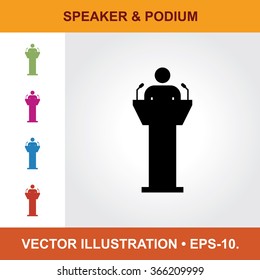 Vector Icon Of Speaker on Podium With Title & Small Multicolored Icons. Eps-10.