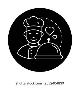 Ícone vetorial da especialidade do chef. Mostra um chef sorridente com um prato, simbolizando receitas de assinatura ou refeições especiais em restaurantes.