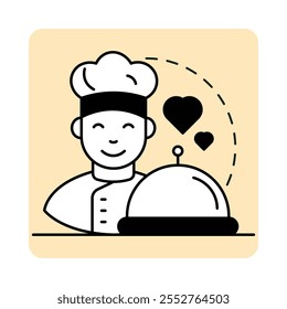 Vector icon for chef’s specialty. Shows a smiling chef with a dish, symbolizing signature recipes or special meals in restaurants.