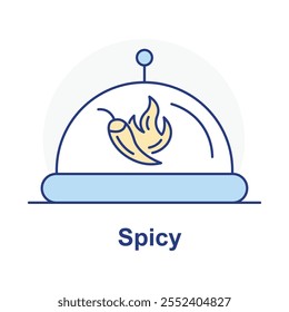 Vector icon for spicy food. Displays a cloche with a chili flame, representing bold and hot flavors in restaurant dishes.