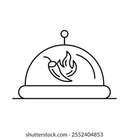 Vector icon for spicy food. Displays a cloche with a chili flame, representing bold and hot flavors in restaurant dishes.