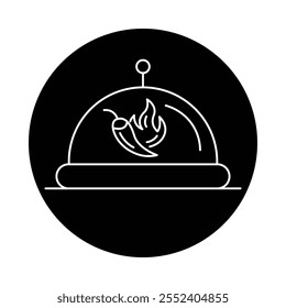 Vector icon for spicy food. Displays a cloche with a chili flame, representing bold and hot flavors in restaurant dishes.