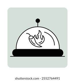 Vector icon for spicy food. Displays a cloche with a chili flame, representing bold and hot flavors in restaurant dishes.