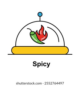 Vector icon for spicy food. Displays a cloche with a chili flame, representing bold and hot flavors in restaurant dishes.