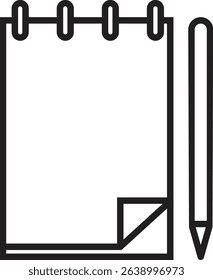 Vector icon of a spiral notepad and pencil in a simple, minimal line style. Ideal for use in digital planning, note-taking apps, education content, office tools, and user interface design