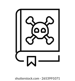 Vector icon of a spooky book labeled with a poison symbol. Represents forbidden knowledge, dark magic, or witchcraft. Outline icons Collection. editable stroke. vector illustration