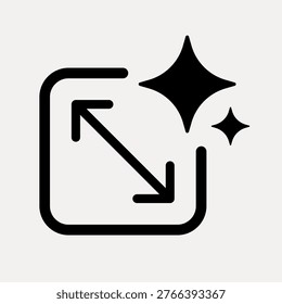 Vector icon of a square with diagonal arrows and sparkles, symbolizing expand or maximize. Simple black design on a white background.