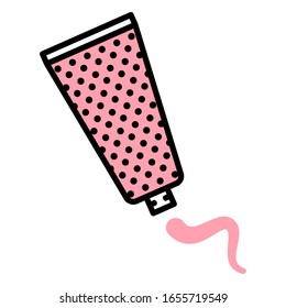 Vector icon squeezing cream tube in flat style with black stroke, pink and white fill and circles texture for design