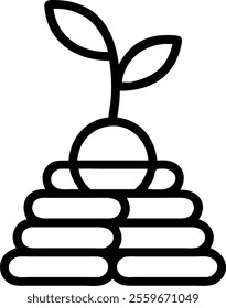 Vector icon of a stack of coins with a small plant sprouting representing investment growth. concept as A vector image showing a stack of coins from which a small plant is growing symbolizing the grow
