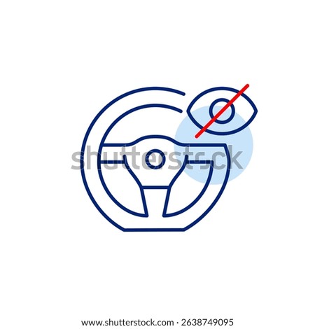 Vector icon of steering wheel with crossed-out eye, symbolizing disabled driver monitoring, hidden vehicle status, or restricted control visibility. Ideal for automotive apps, privacy settings, and se