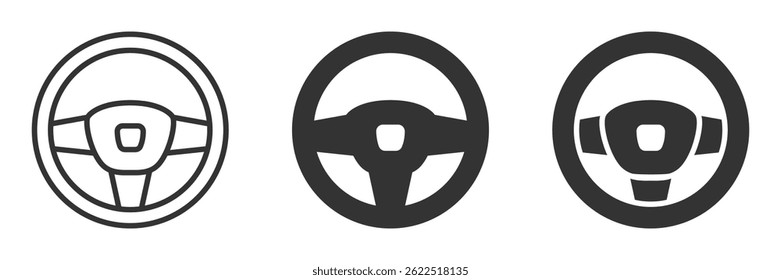 Vector icon of steering wheel in different black styles.