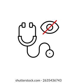 Vector icon of stethoscope with crossed-out eye, symbolizing confidential medical care, hidden health data, or private consultations. Ideal for healthcare apps, telemedicine, and privacy settings