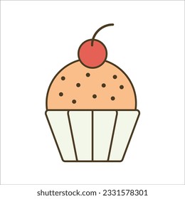 
Vector icon, sticker of a chocolate cupcake with cherries in a package for design, printing on clothes, packaging