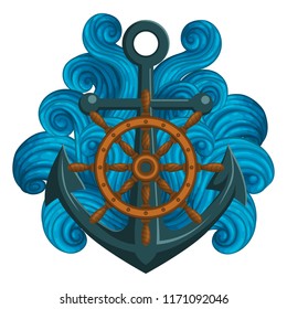 Vector icon, sticker, t-shirt design, label design template. Wooden ship's wheel and anchor with stylized waves isolated on white background.
