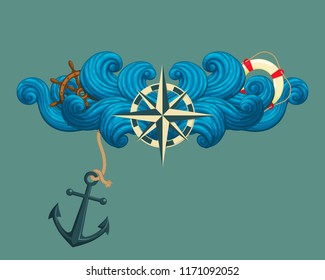 Vector icon, sticker, t-shirt design, label design template. Rose of the winds and symmetrical stylized waves with ship's wheel, lifebuoy and anchor isolated on white background.