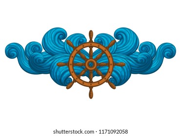 Vector icon, sticker, t-shirt design, label design template. Wooden ship's wheel with stylized waves.