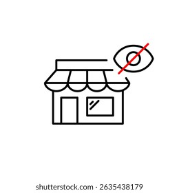 Vector icon of store with crossed-out eye, symbolizing hidden storefront, private shopping, or restricted access. Ideal for retail apps, e-commerce platforms, and privacy settings