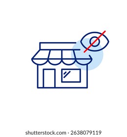 Vector icon of store with crossed-out eye, symbolizing hidden storefront, private shopping, or restricted access. Ideal for retail apps, e-commerce platforms, privacy settings