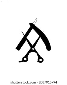 vector icon straight razor and scissors in black on white background