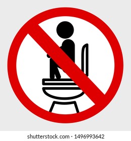 Vector, Icon Stye Prohibition Sign in toilet, wrong way while pooping at closet, public restroom, at gray background
