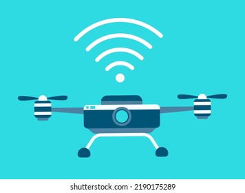 Vector icon. Style is flat bicolor dark blue and white symbol, rounded angles, blue background. Small helicopter with propellers, flight instrument with camera modern device