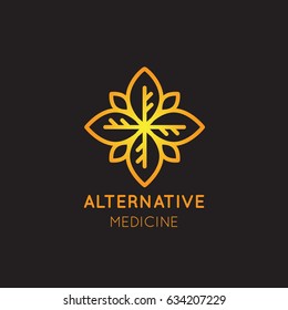 Vector Icon Style Gold Logo Sign of  Alternative Medicine. IV Vitamin Therapy, Anti-Aging, Wellness, Ayurveda, Chinese Medicine. Holistic centre. Green Energy Mandala