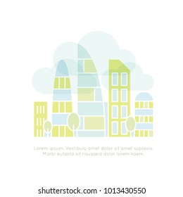 Vector Icon Style Illuetration Icon of Property, Real Estate, City Landscape with Cloudy Sky and Fog