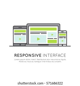 Vector Icon Style Illustration of Adaptive Layout Responsive User Interface Web Design, Mobile, Tablet and Laptop Screen