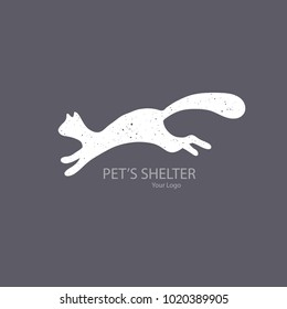 Vector Icon Style Illustration of Adopt a Pet Banner, New Owner, Domestic Animal Farm, Hotel, Isolated Minimalistic Object. Running white cat with grain texture on grey background