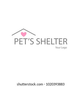 Vector Icon Style Illustration of Adopt a Pet Banner, New Owner, Domestic Animal Farm, Hotel, Isolated Minimalistic Object. Pet's shelter with pink heart under the roof